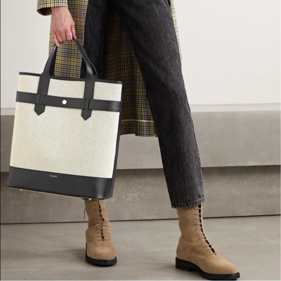 Paravel Pacific Tote Bag Os Cream Black New Canvas Leather Shoulder Strap — image 2 of 8